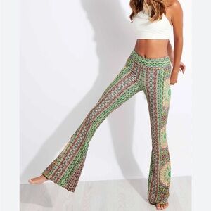 Wolven Pant Fauna Flare High Waisted Bell Bottom Legging Stretch Yoga Green XS